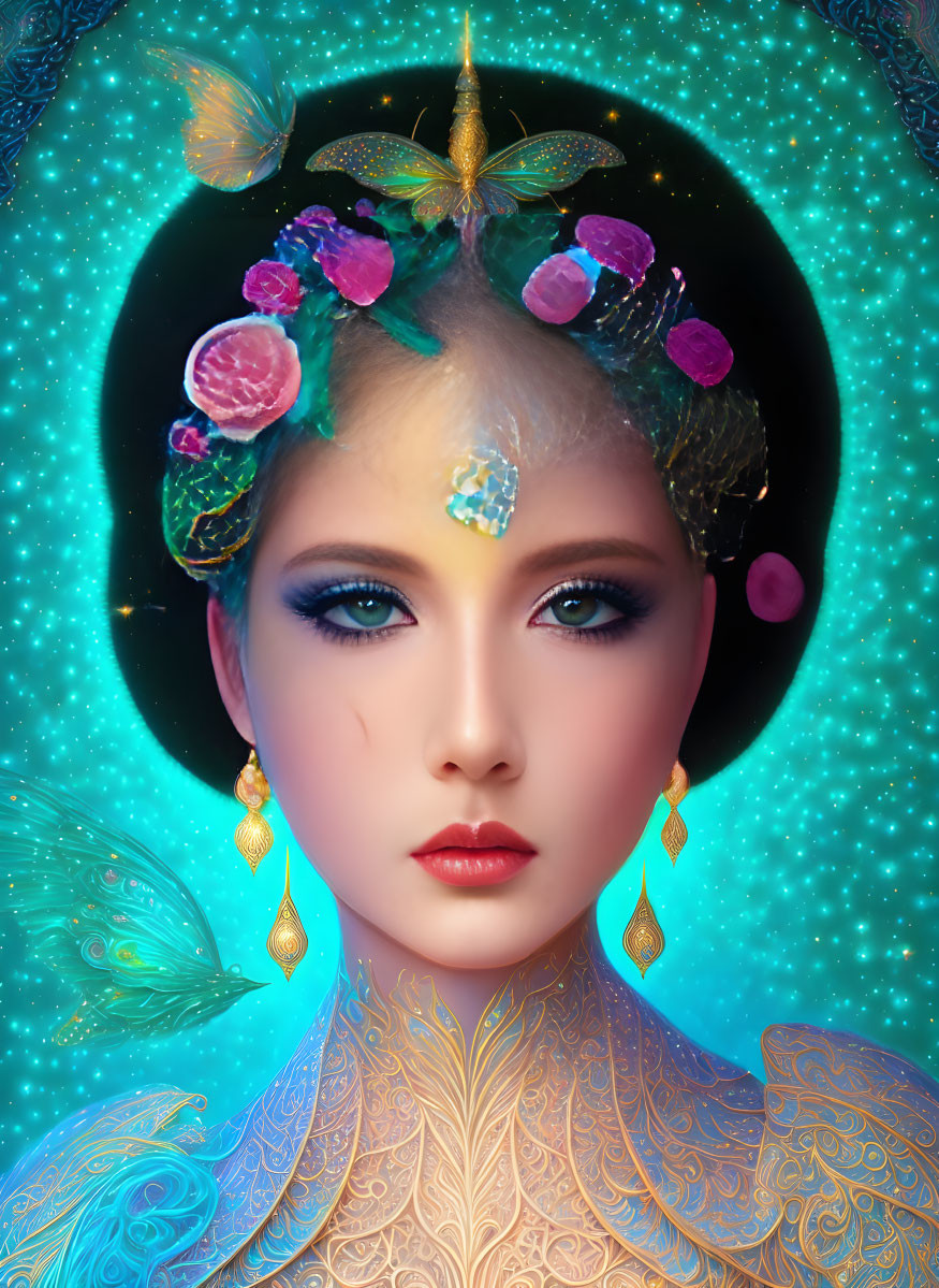 Elaborate blue and gold makeup portrait with floral and butterfly accessories