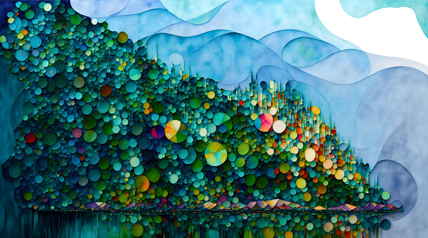 Multicolored abstract landscape with circular shapes and patterns