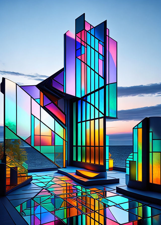 Colorful stained glass house at sunset reflecting on glossy floor by the sea