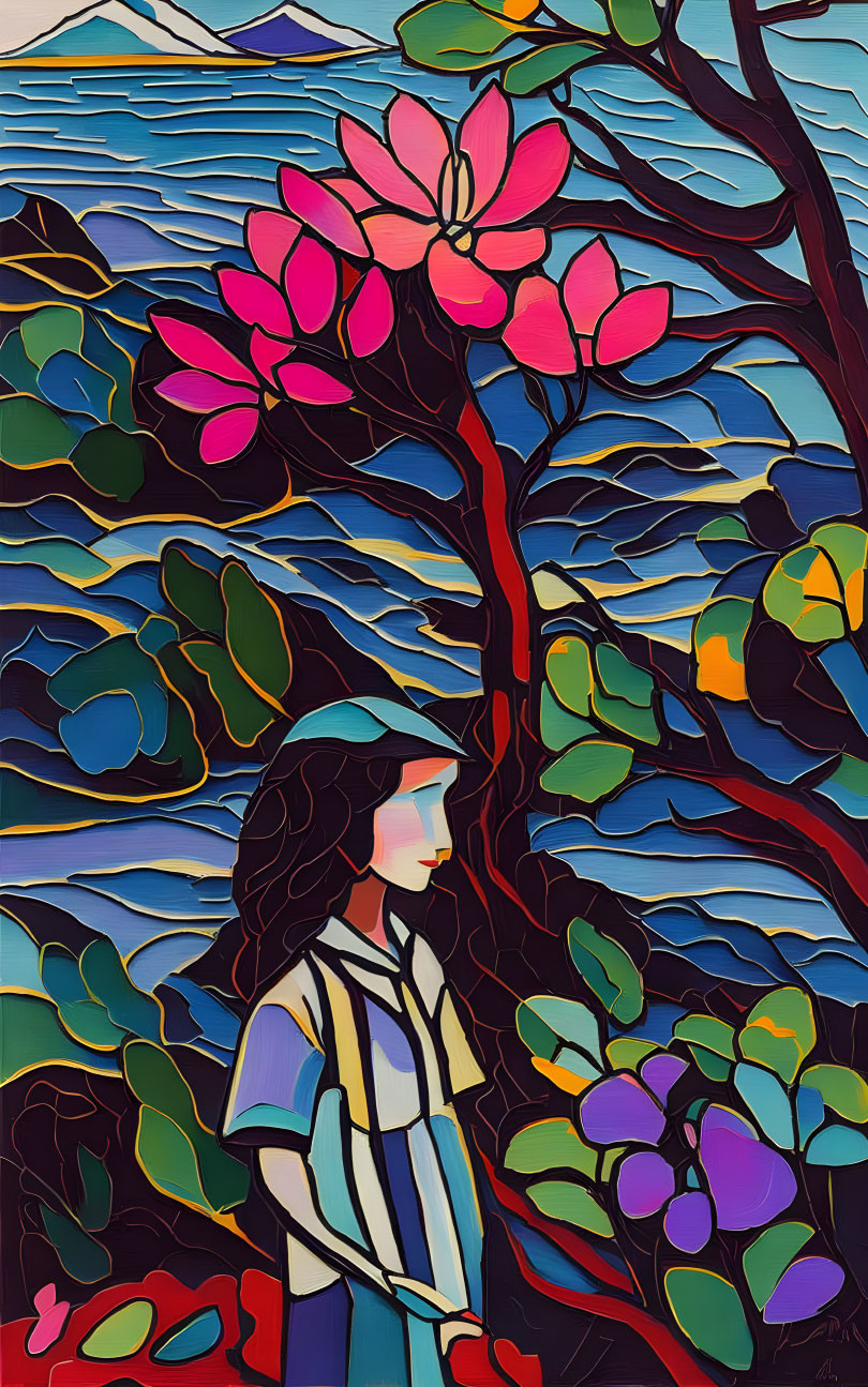 Stylized painting of woman by blooming tree and mountain