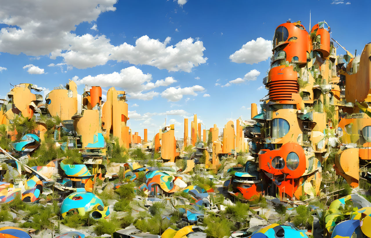 Colorful futuristic cityscape with orange buildings, greenery, and blue skies