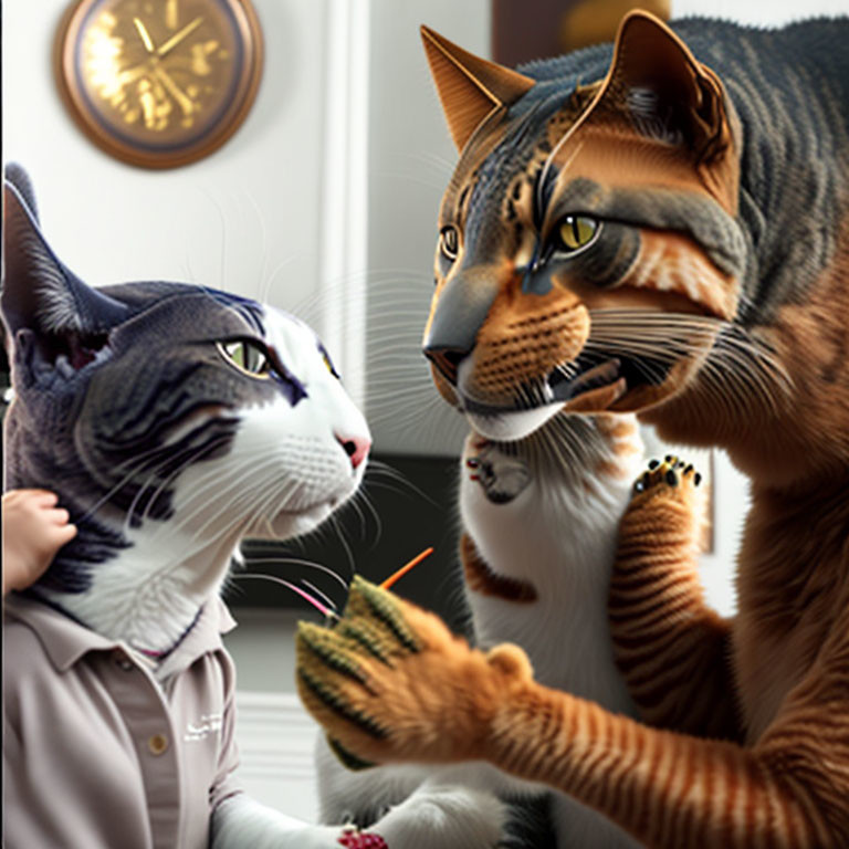 Anthropomorphic Cats in Human Attire Talking in Domestic Scene