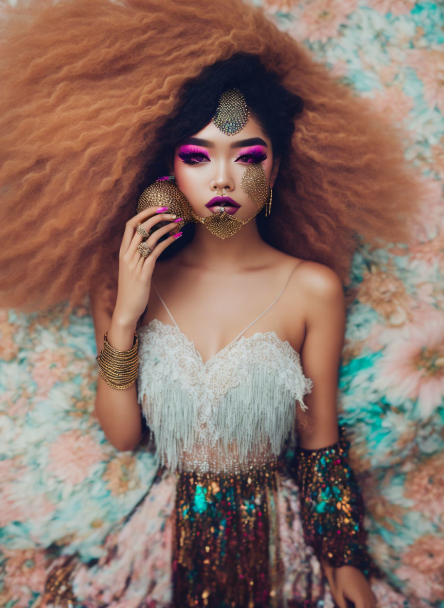 Curly-Haired Woman with Glittery Mask and Vibrant Makeup on Floral Background