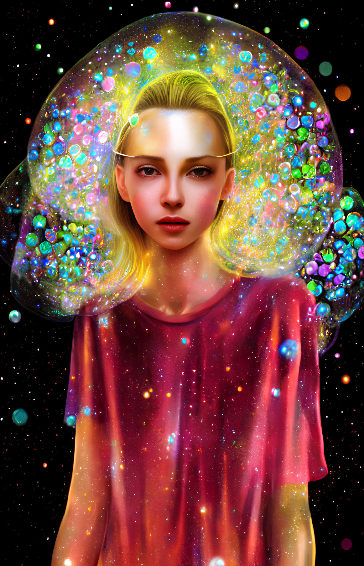 Cosmic-themed digital portrait of a woman in a bubble helmet.