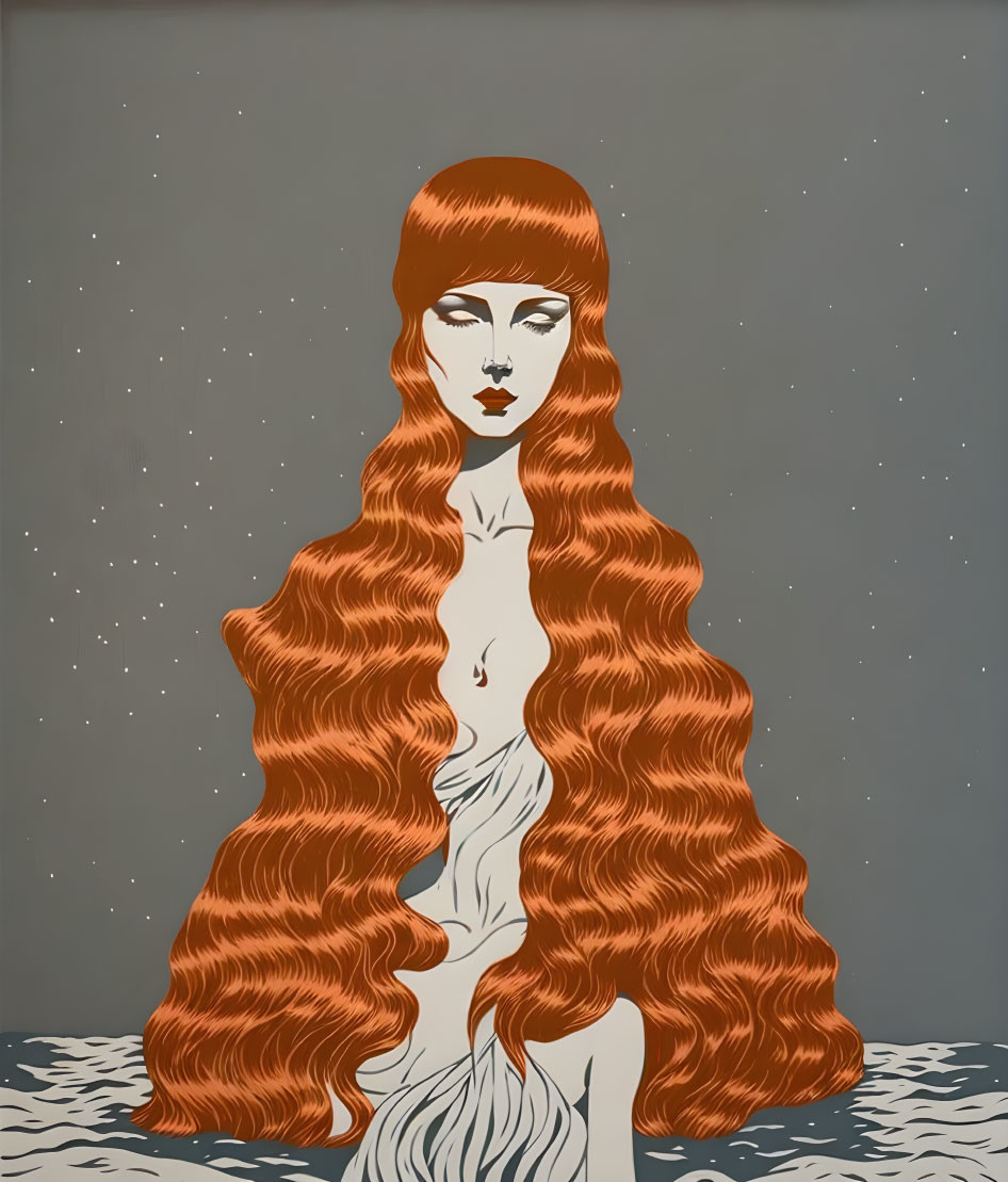 Illustration of woman with voluminous red hair against starry background