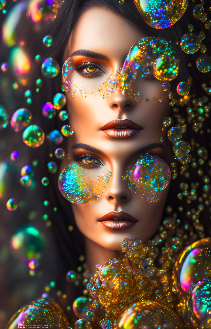 Vibrant bubbles frame woman's glittery makeup face