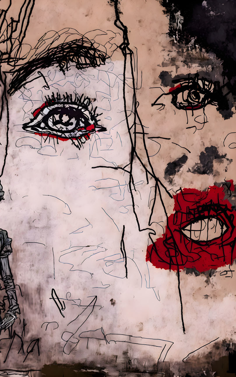 Abstract Image: Sketched Facial Features with Expressive Eyes and Red Lips