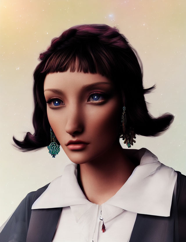 Female digital portrait: bob-cut, large blue eyes, green earrings, white collar outfit, soft-ton