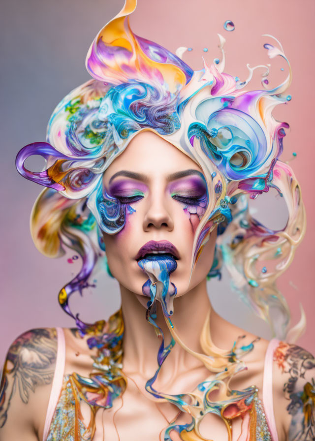 Colorful Body Paint and Makeup in Blue, Purple, and Orange