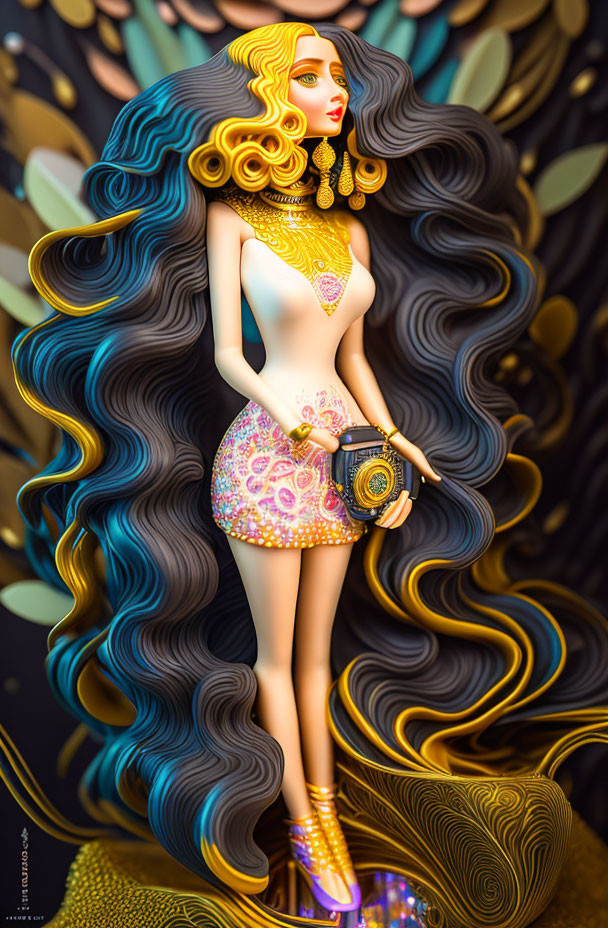 ai, long curly hair art deco 3d fauvism woman 