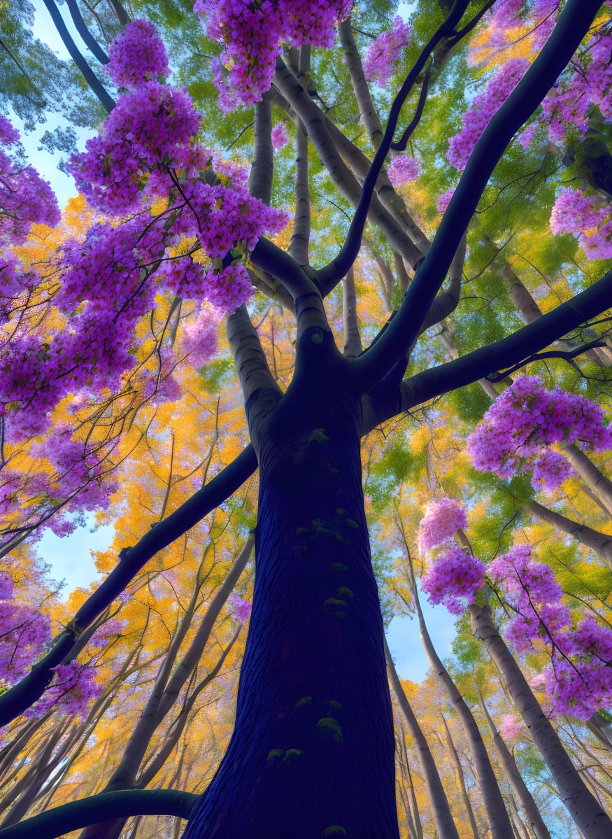 Vibrant purple blossoms on tree against yellow foliage and blue sky