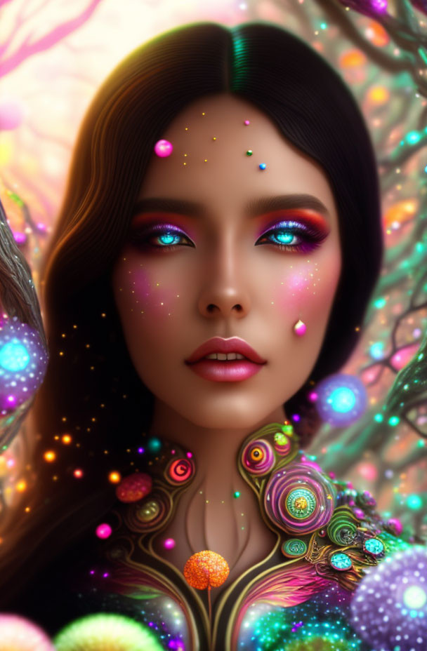 Colorful digital portrait of woman with vibrant makeup and peacock feather patterns