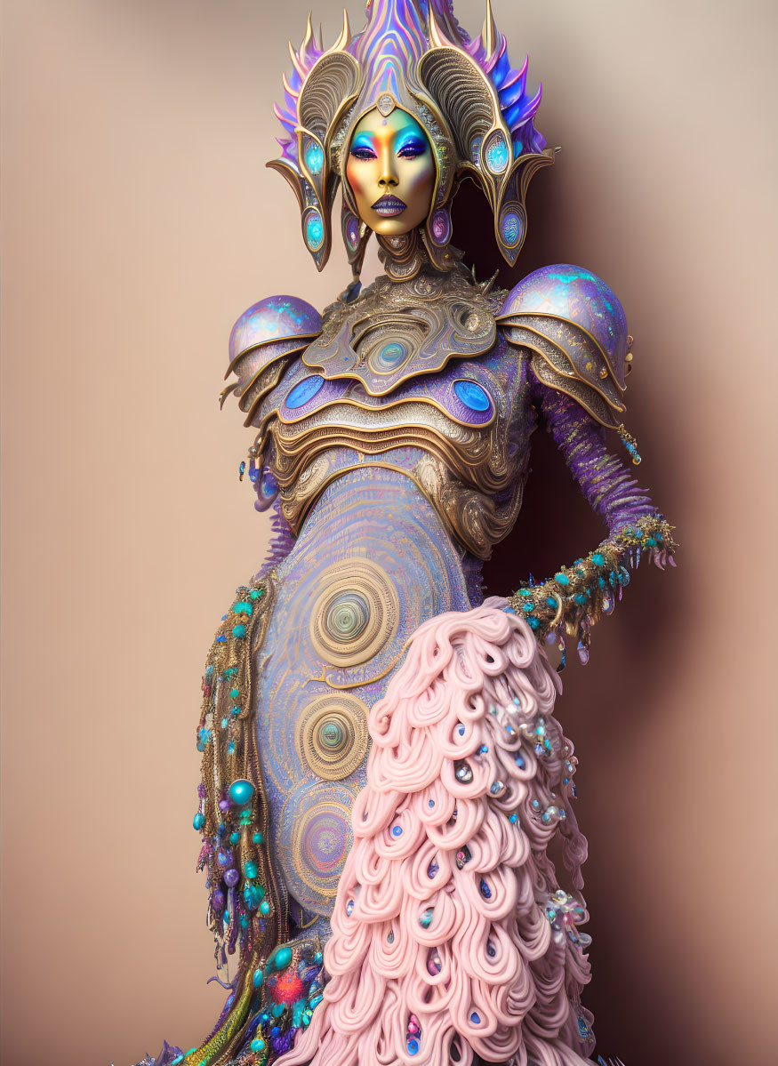 Elaborate fantasy costume with metallic armor and vibrant makeup