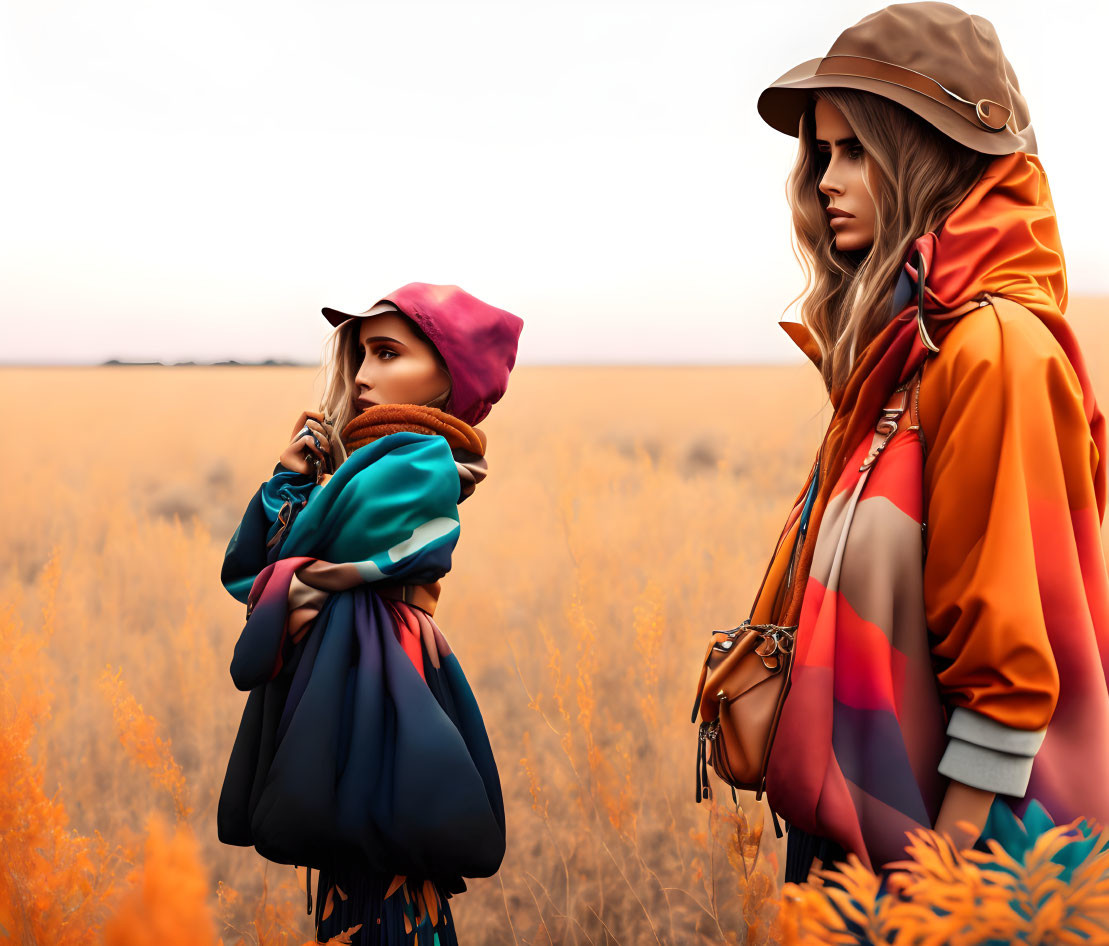 Stylized women in colorful jackets and hats in orange foliage field