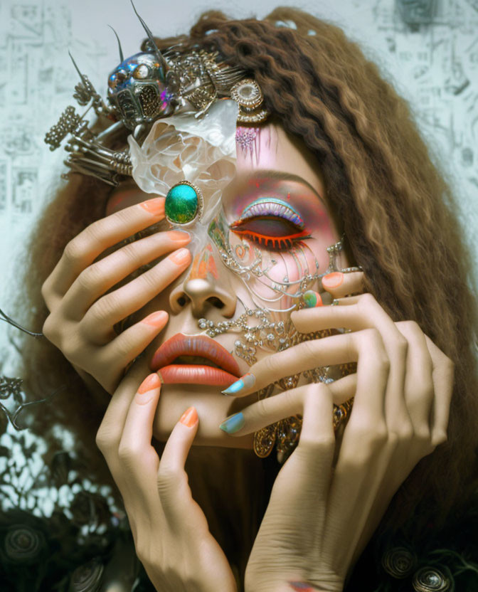 Person wearing vibrant makeup holds transparent mask, revealing intricate eye designs and adorned hands