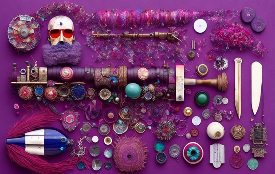 Colorful eclectic objects on purple background: telescope, tassels, gears, baubles