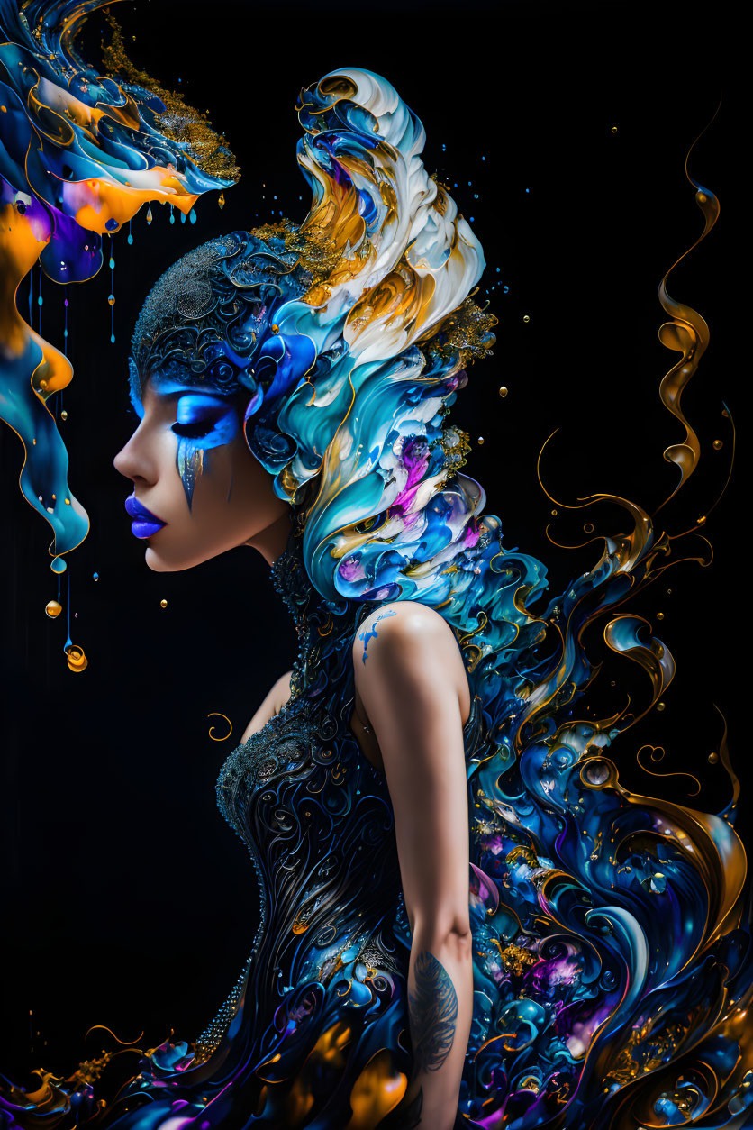 Colorful digital artwork of woman with elaborate headdress in blue, gold, and white splashes