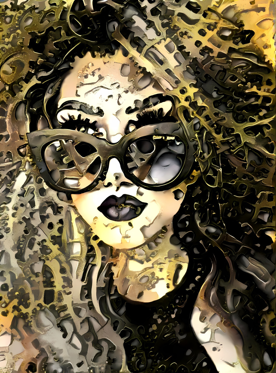 model in sunglasses retextured with gold gears