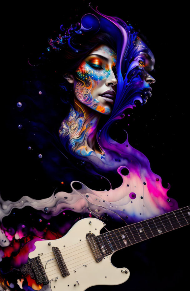 Vibrant surreal image: woman's face with colorful makeup, abstract liquid shapes, and white electric