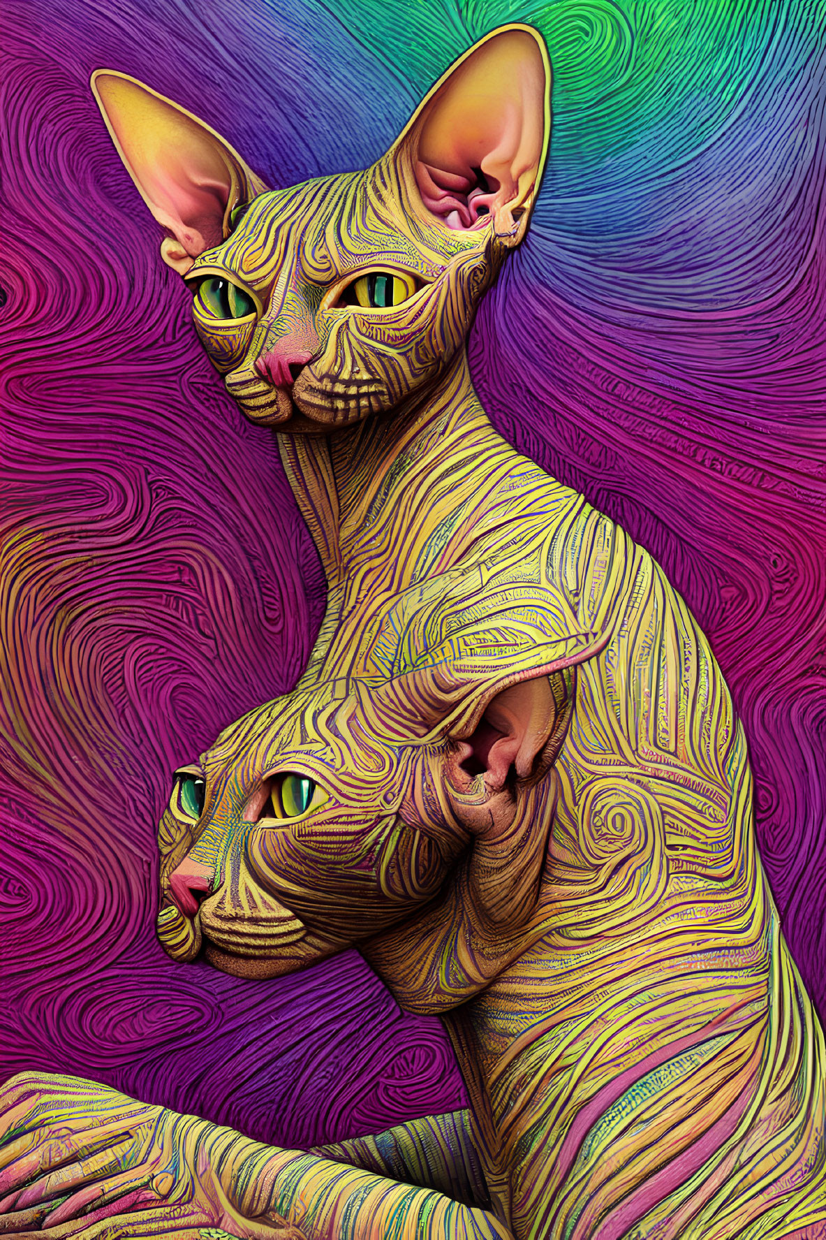 Colorful Psychedelic Illustration of Two Sphinx Cats