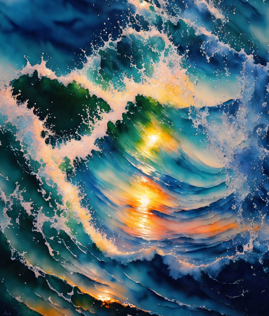 Vibrant ocean wave with sunlight creating surreal blend of colors