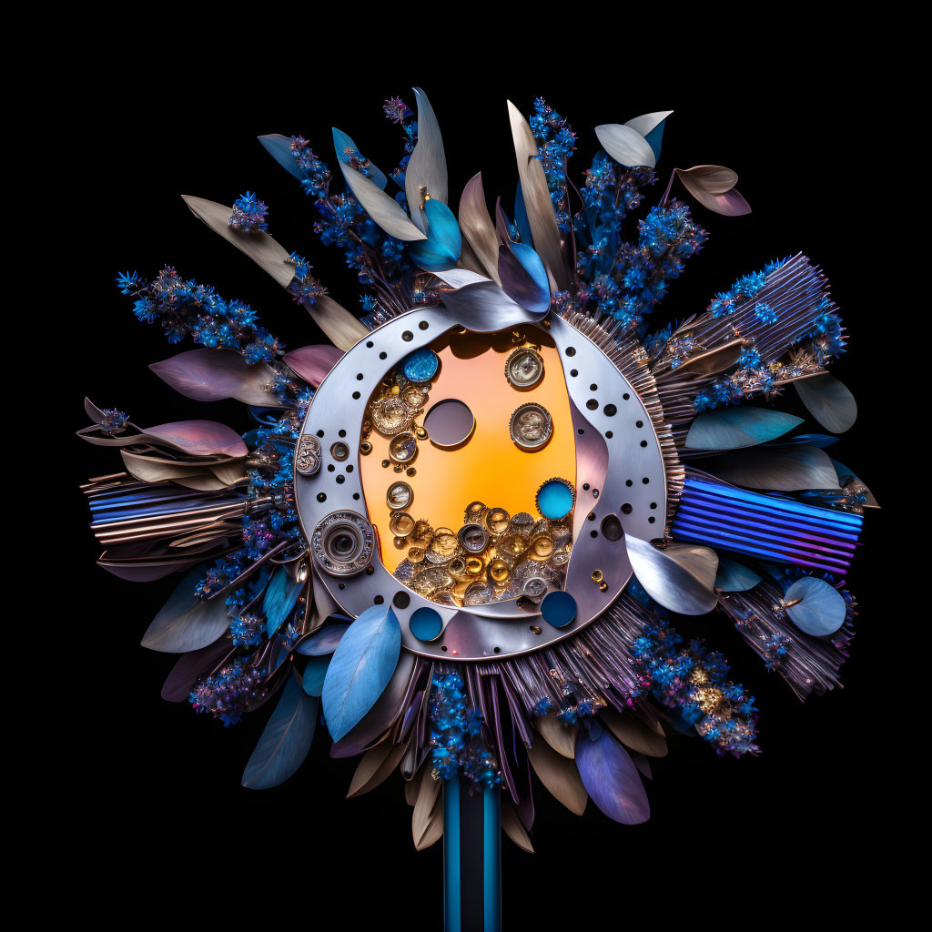 Mechanical centerpiece surrounded by blue leaves on black background