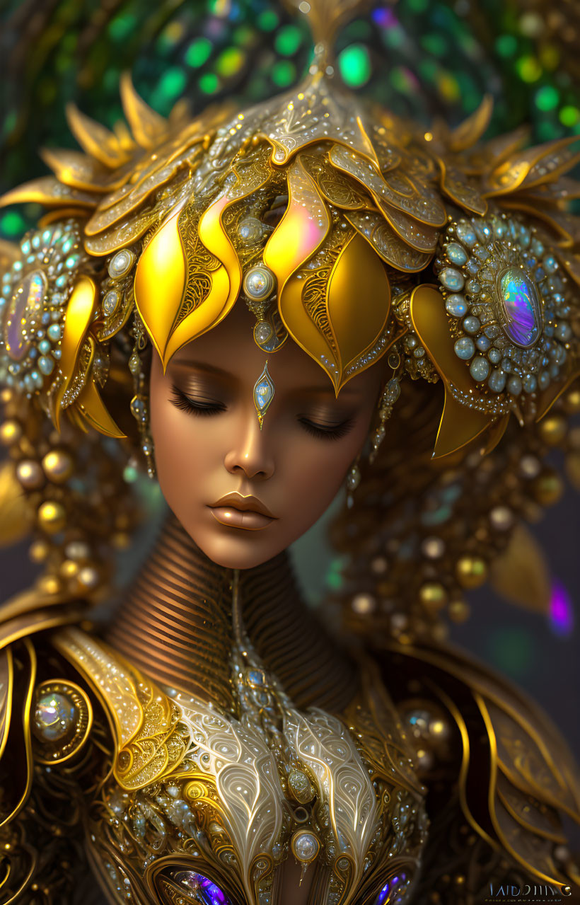 Digital artwork of female figure with golden headgear and jeweled adornments in regal fantasy.