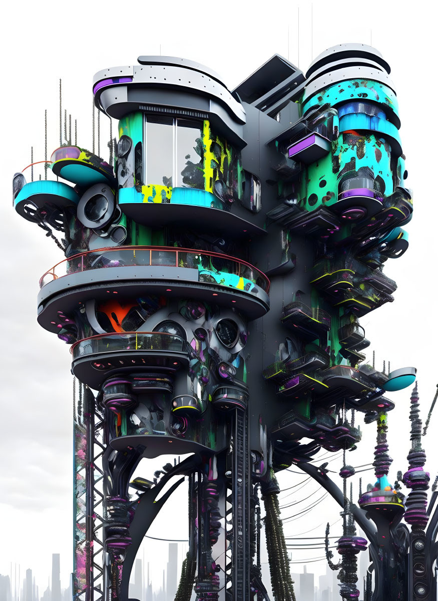 Colorful futuristic multi-level structure against cloudy sky