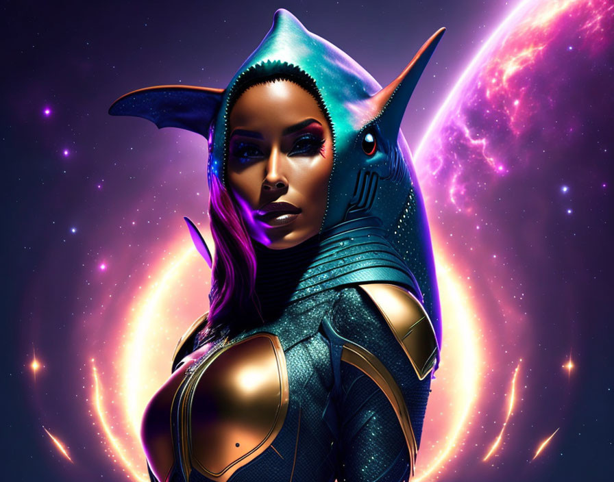 Futuristic armored woman with shark-style helmet in cosmic setting