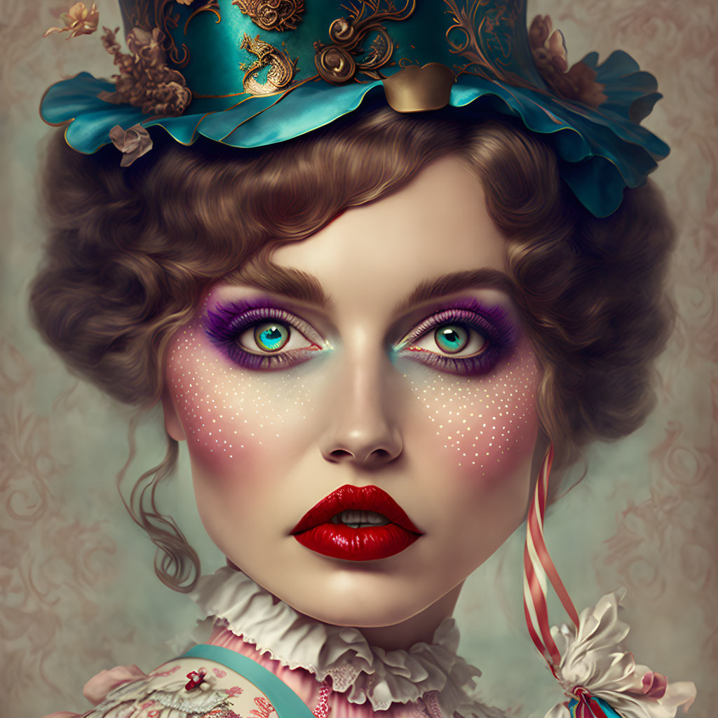 Digital portrait of a woman with green eyes, crimson lips, in steampunk Victorian attire