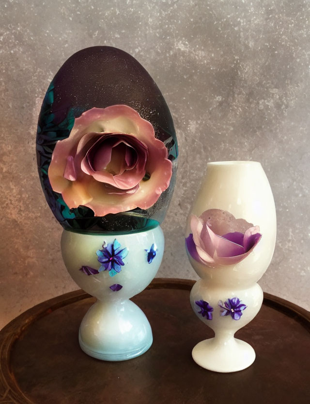 Floral Design Chocolate Egg and Cup Displayed on Pedestals