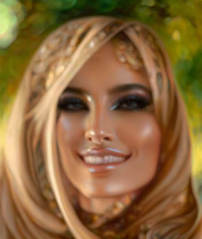 Smiling woman with beige headscarf and intricate eye makeup in soft focus portrait