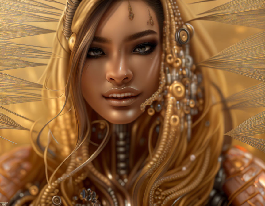 Detailed Close-Up of Woman with Golden Headdress in Warm Palette