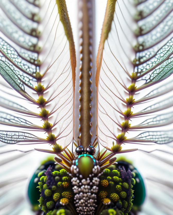 Detailed close-up of a dragonfly's transparent wings and intricate veining on a light background