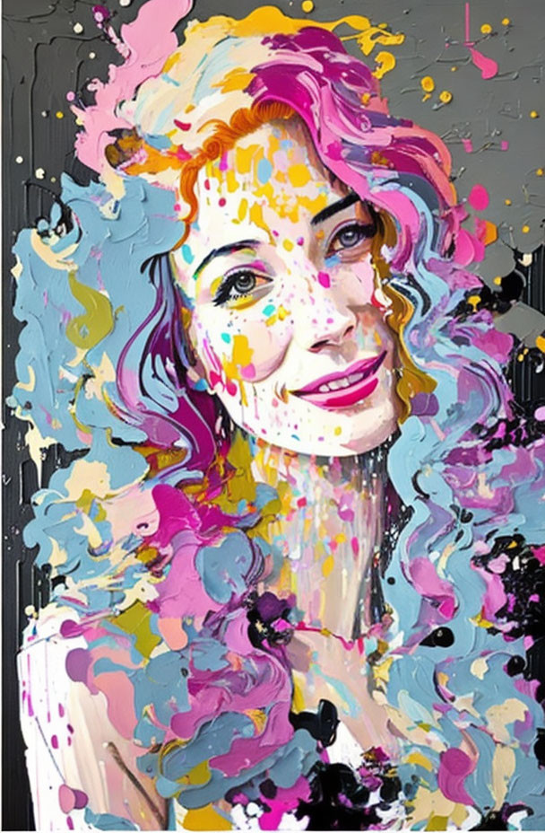 Vibrant Abstract Portrait of Smiling Woman in Yellow, Blue, and Pink Tones