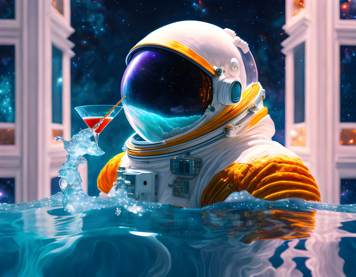 Astronaut in reflective helmet sips red cocktail in space-themed room.