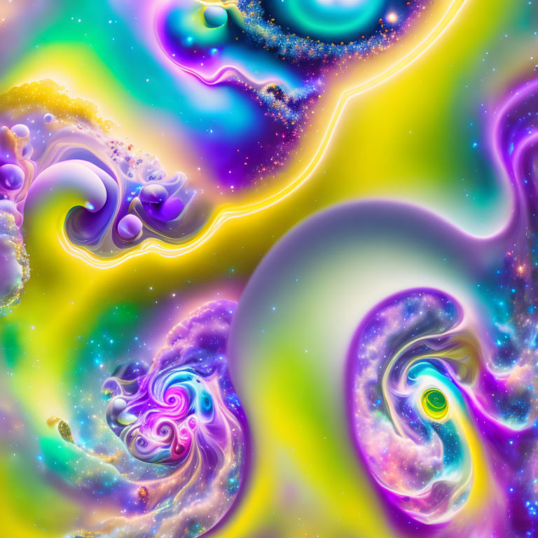 Colorful Abstract Fractal Art: Purple, Yellow, Blue Swirls