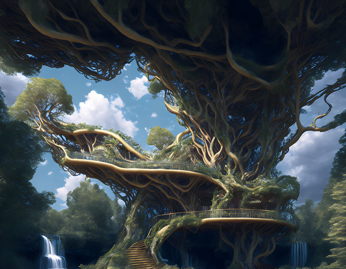 Sprawling tree with circular platform in lush forest with waterfall