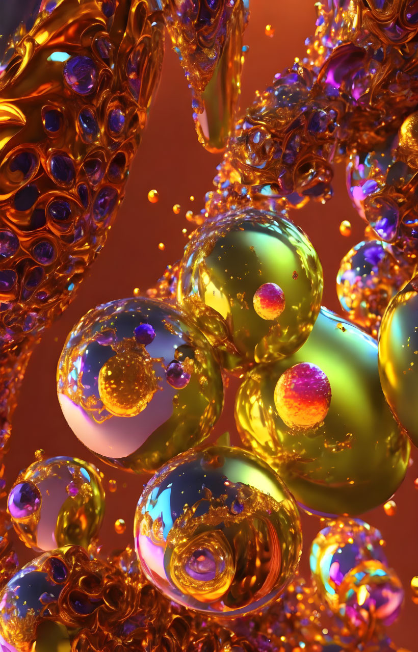 Colorful 3D abstract art: golden structures, multicolored spheres on orange.