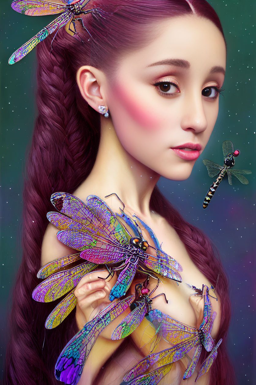 Digital artwork featuring woman with long braid and iridescent dragonflies.