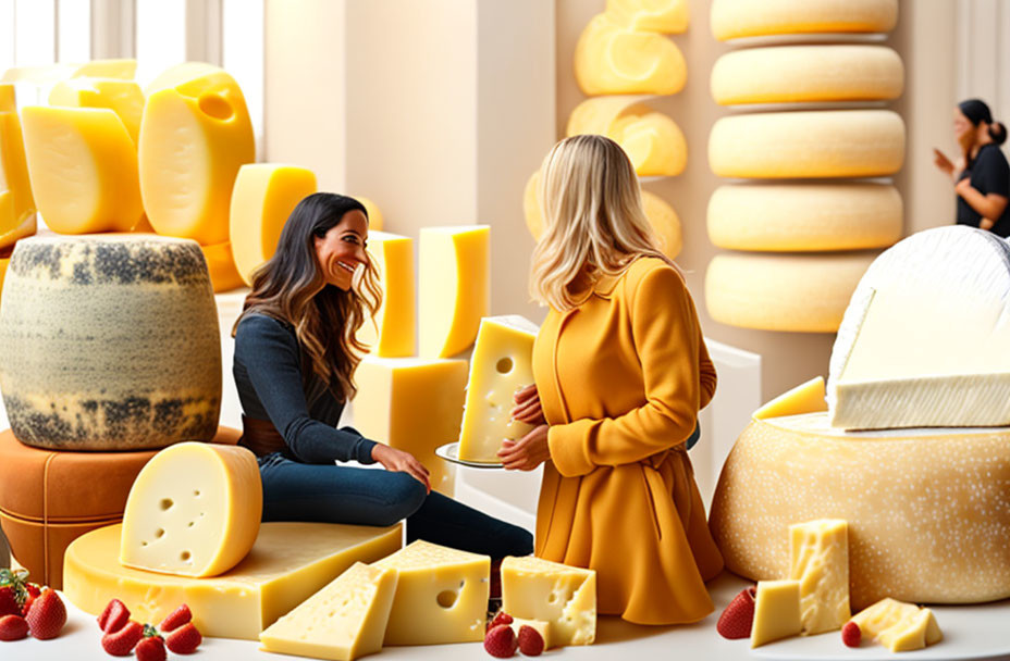 Two women laughing with large cheese props in yellow room