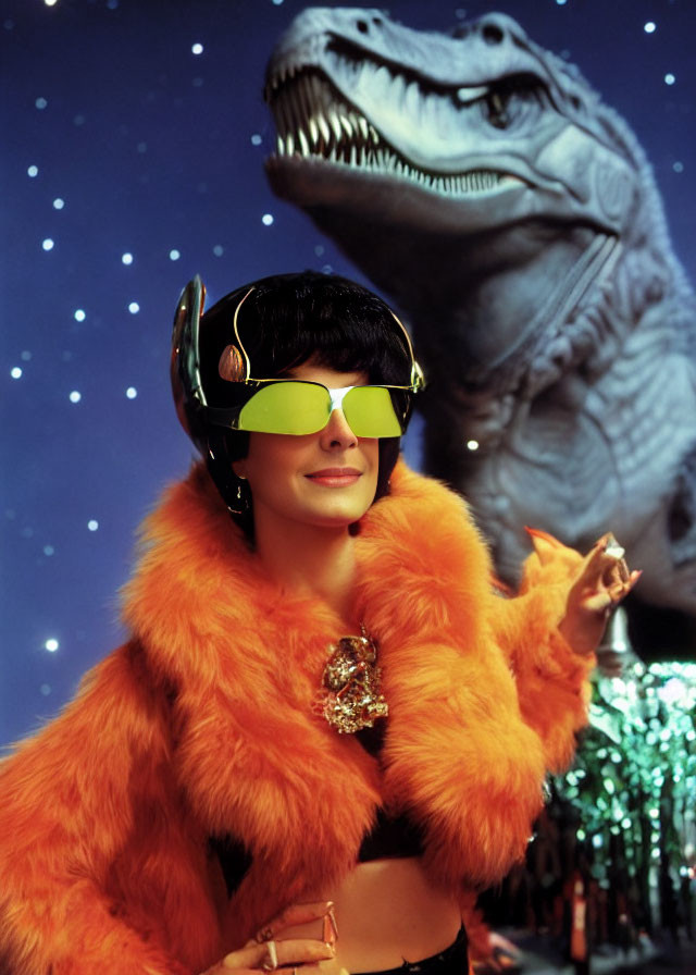 Dark-haired person in futuristic helmet and sunglasses with T-Rex figure in orange fur coat under starry