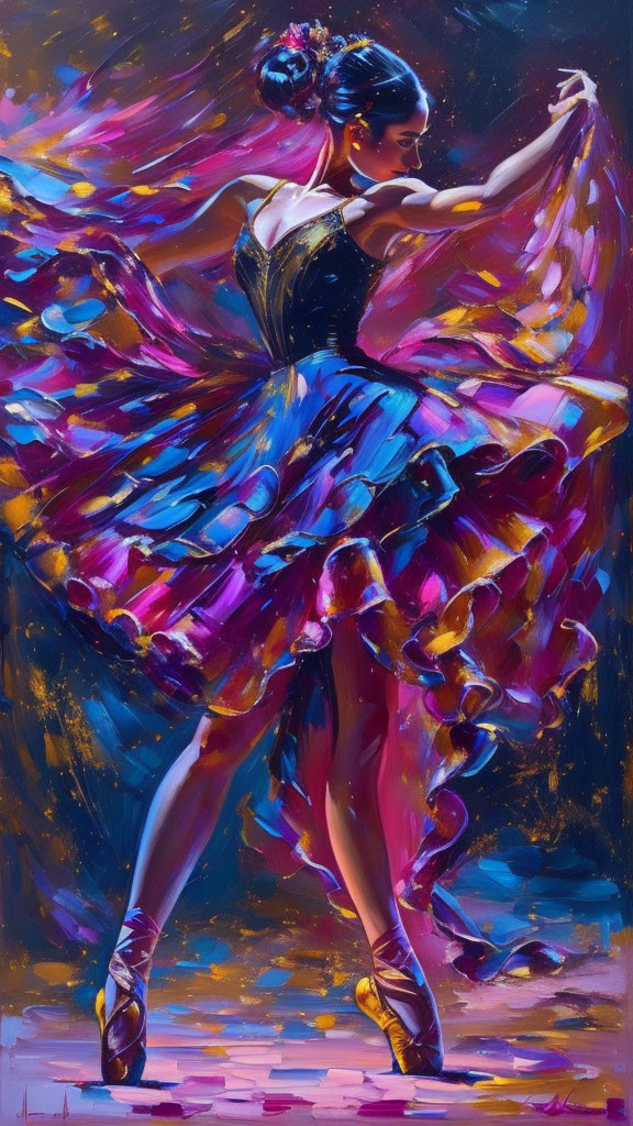 Colorful ballet dancer painting with blue and purple dress on vibrant background