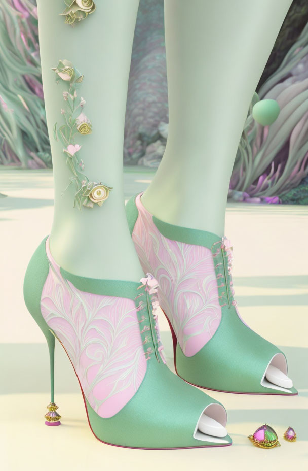 Mint Green High-Heeled Shoes with Pink Details and Roses on Slender Legs