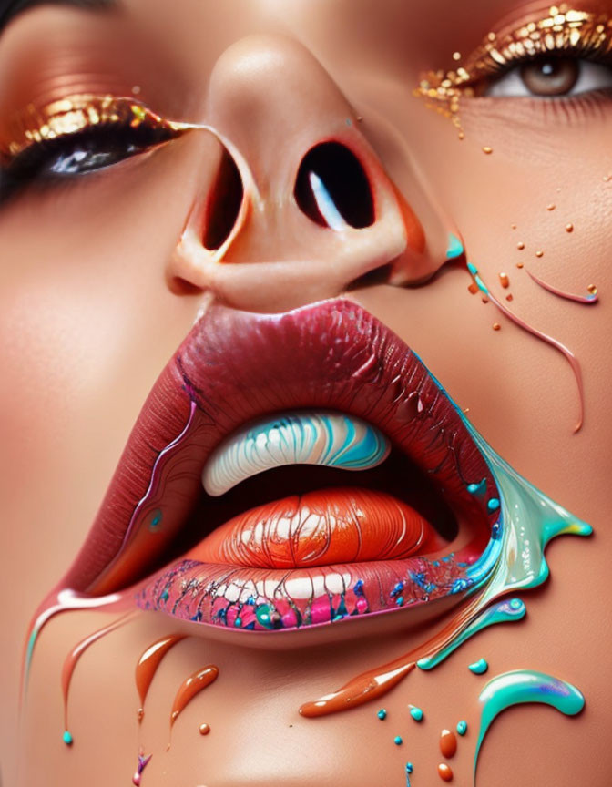 Vibrant multi-colored lips and golden eye accents in artistic makeup