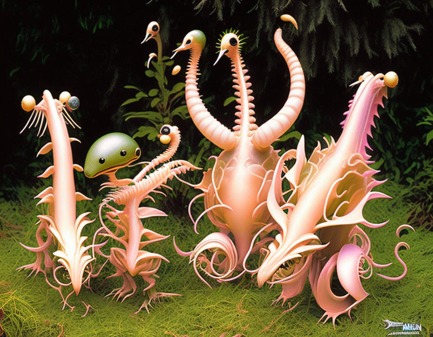 Fantastical Creatures with Elongated Limbs in Lush Environment