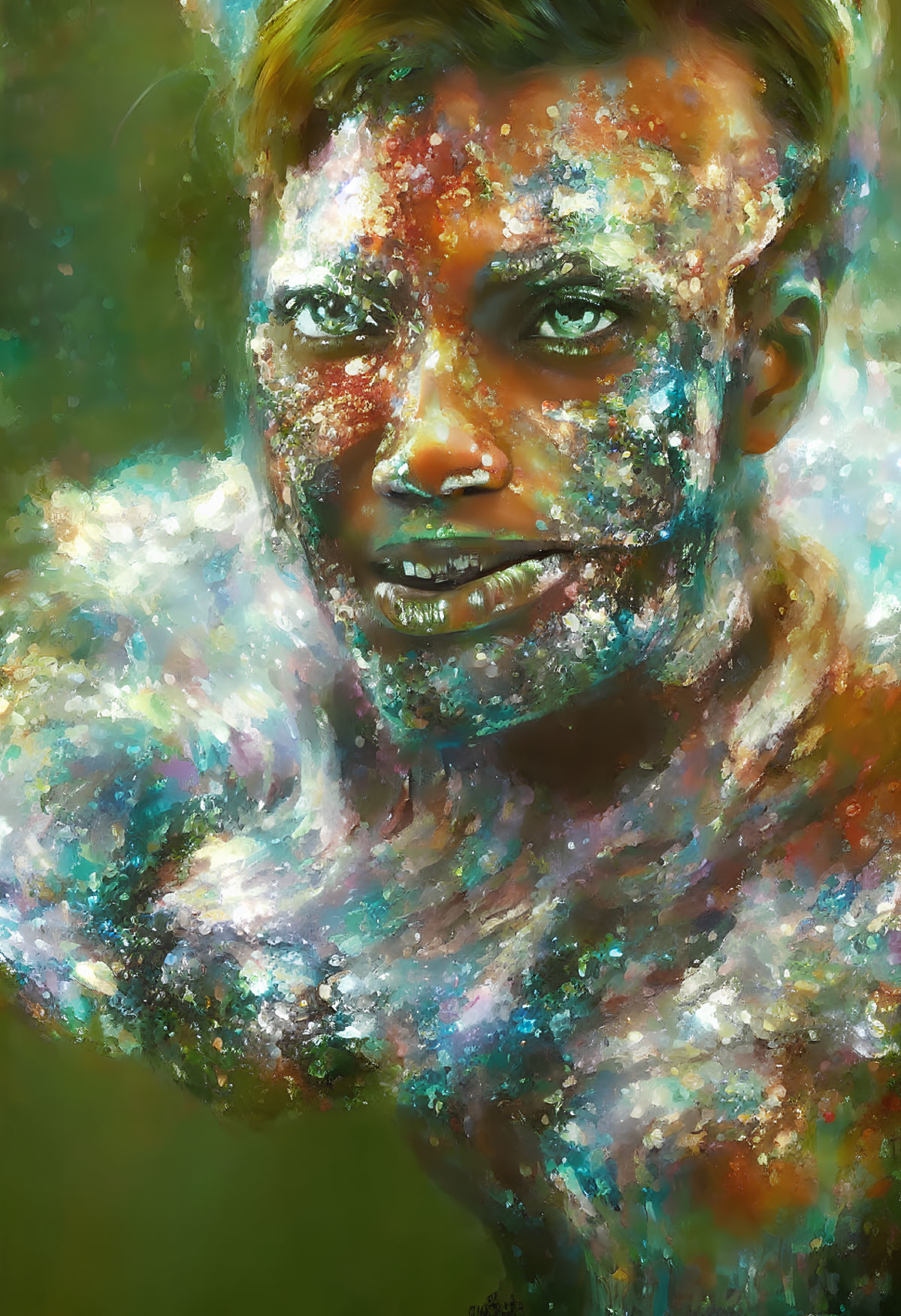 Colorful cosmic-themed digital painting of a person with nebula-like patterns