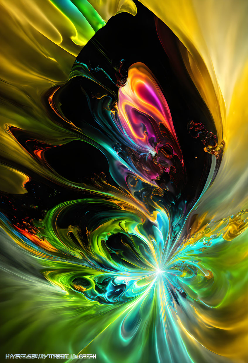 Colorful abstract art with swirling yellow, black, and green hues