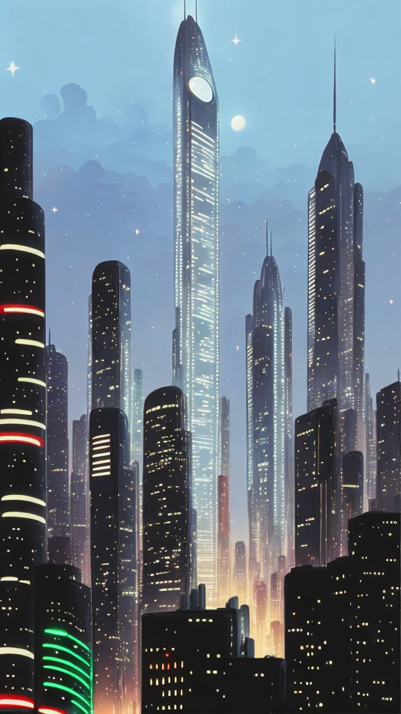 Futuristic twilight cityscape with illuminated skyscrapers and central tower.