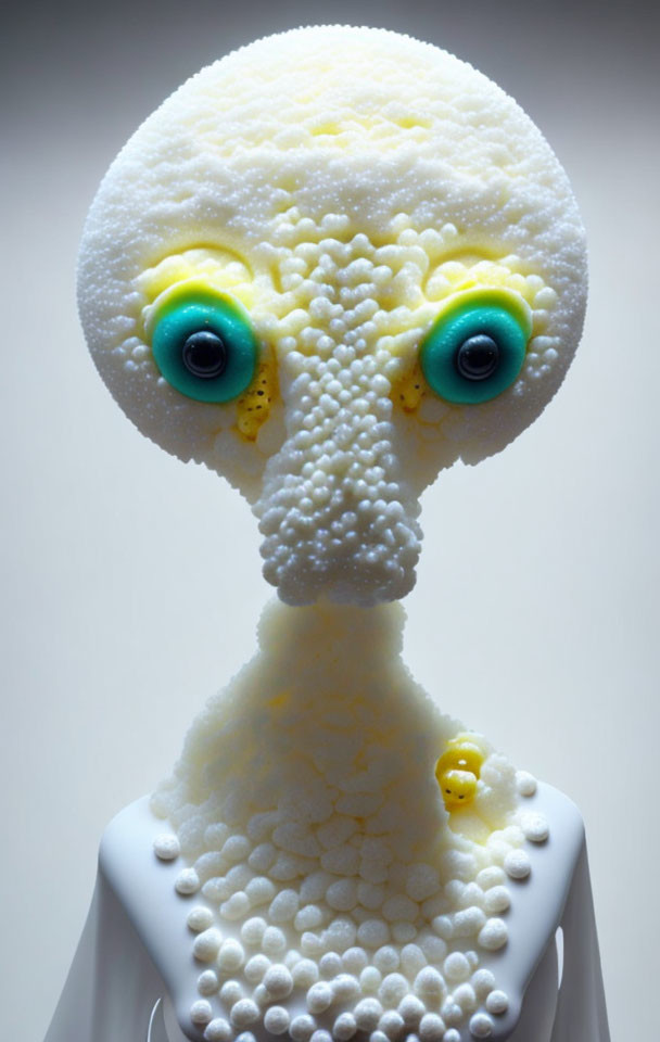 Alien sculpture with large blue eyes, yellow pupils, textured white bubbles, and tiny yellow figure.